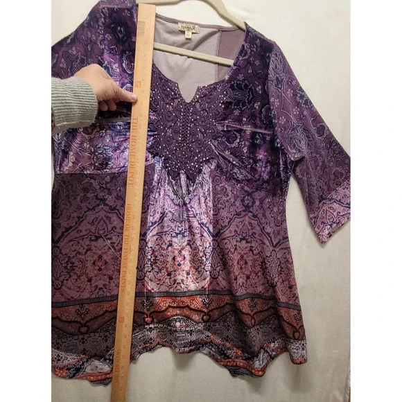 One World Violet Charming Art Purple Paisley Lace Embellished Tunic Top XL - Picture 14 of 15